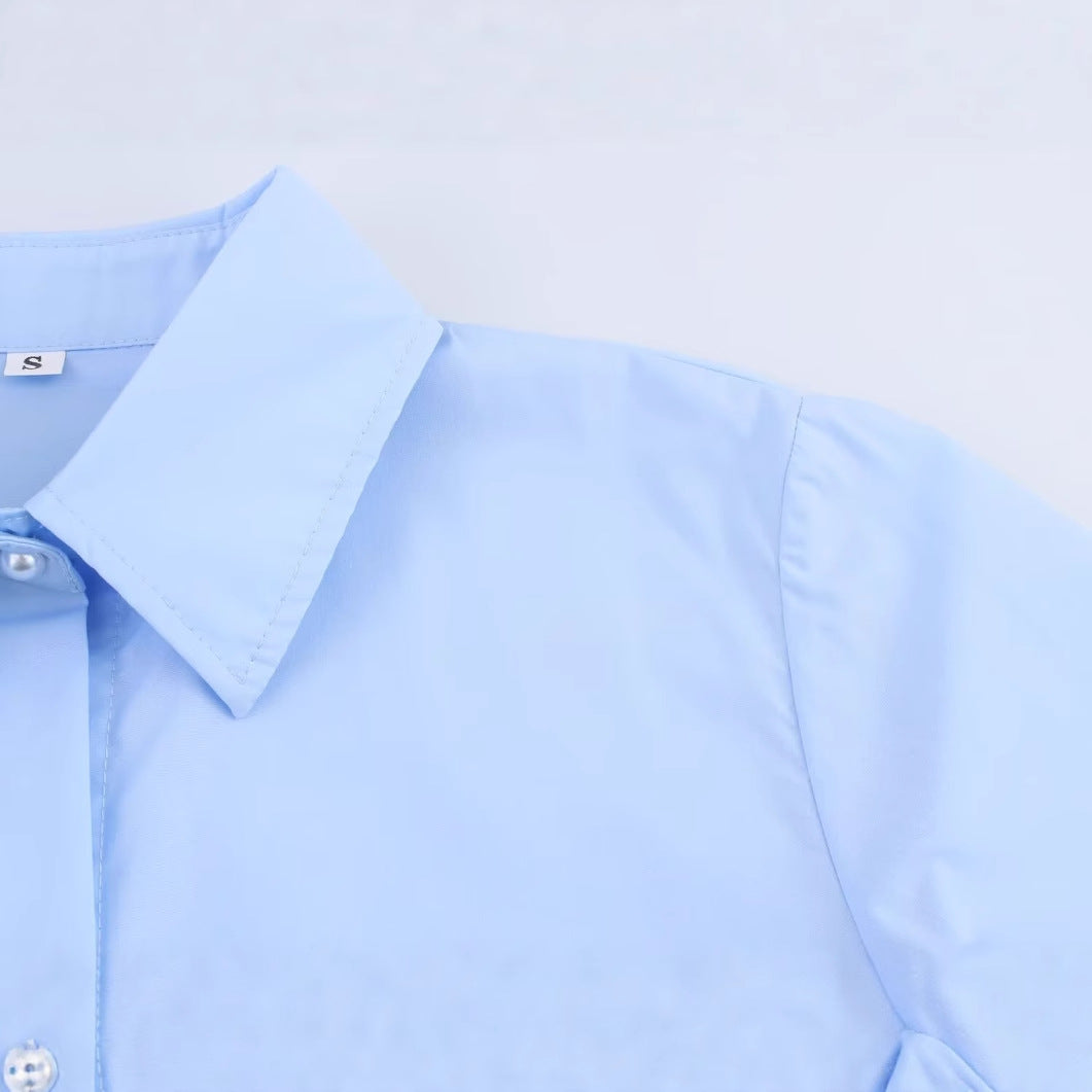 Casual collar long sleeved single breasted bow tie blue shirt top for women