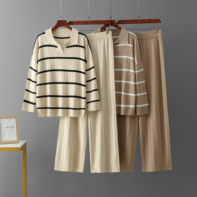 Striped V-neck high waisted wide leg pants two-piece set