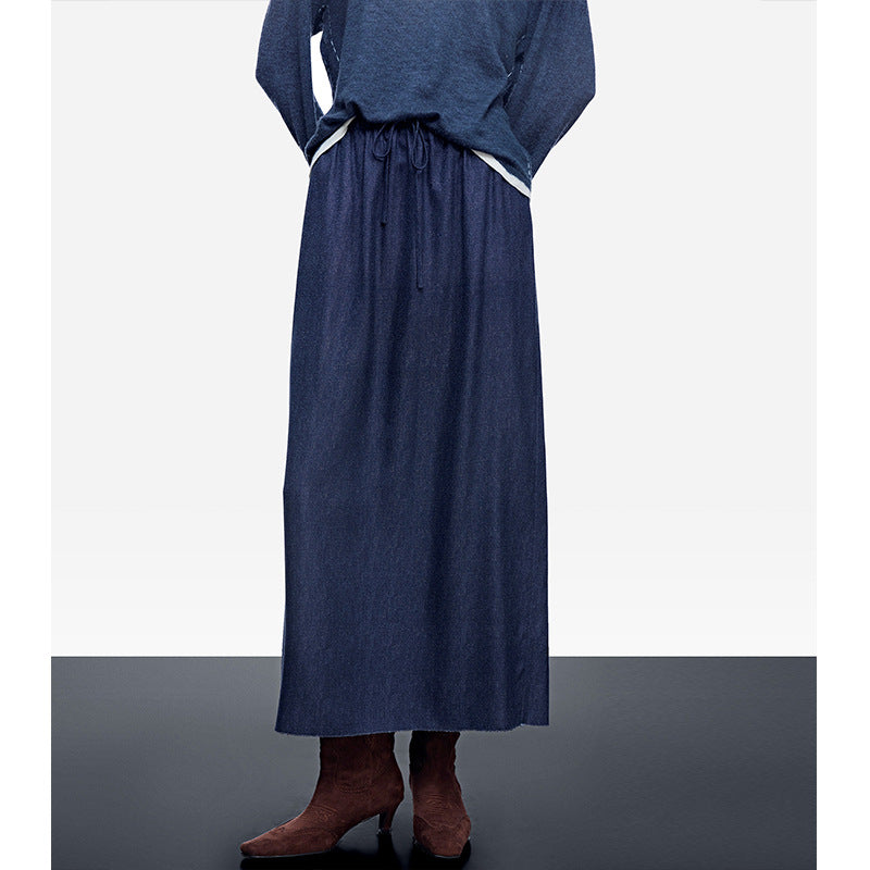 Casual Straight-Leg Vintage High-Waisted Unique Denim Maxi Skirt with Elastic Waist, Slimming Design