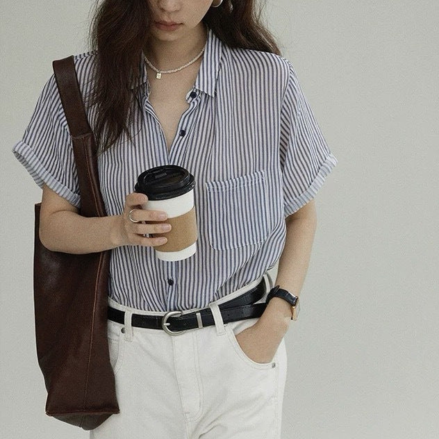 Breathable Ramie Short Sleeve Shirt Elegant High-end Blouse