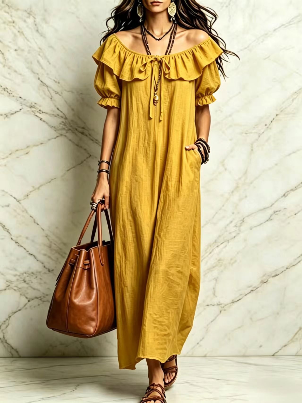 Casual Elegant Round Neck Ruffle Beach Vacation Dress for Women