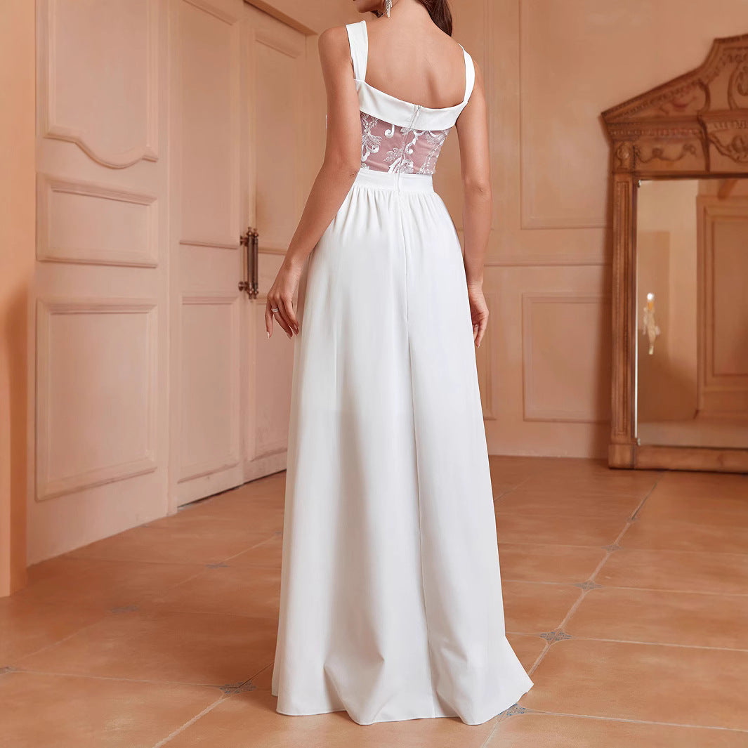 Solid color backless long dress, lace white sexy slit evening gown