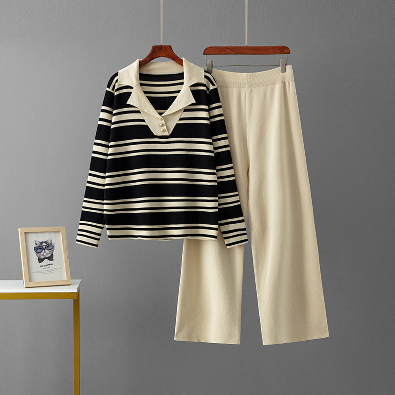 Flip collar color blocked striped long sleeved wide leg pants two-piece set for women