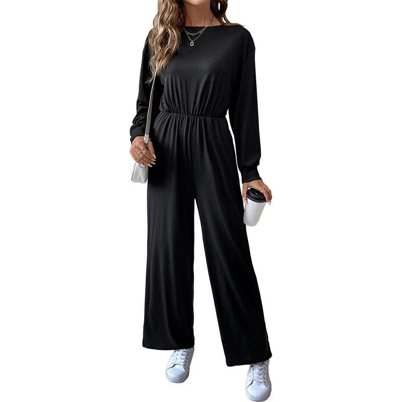 Casual  Solid Color Long Sleeve Pocket Draping Jumpsuit for Women