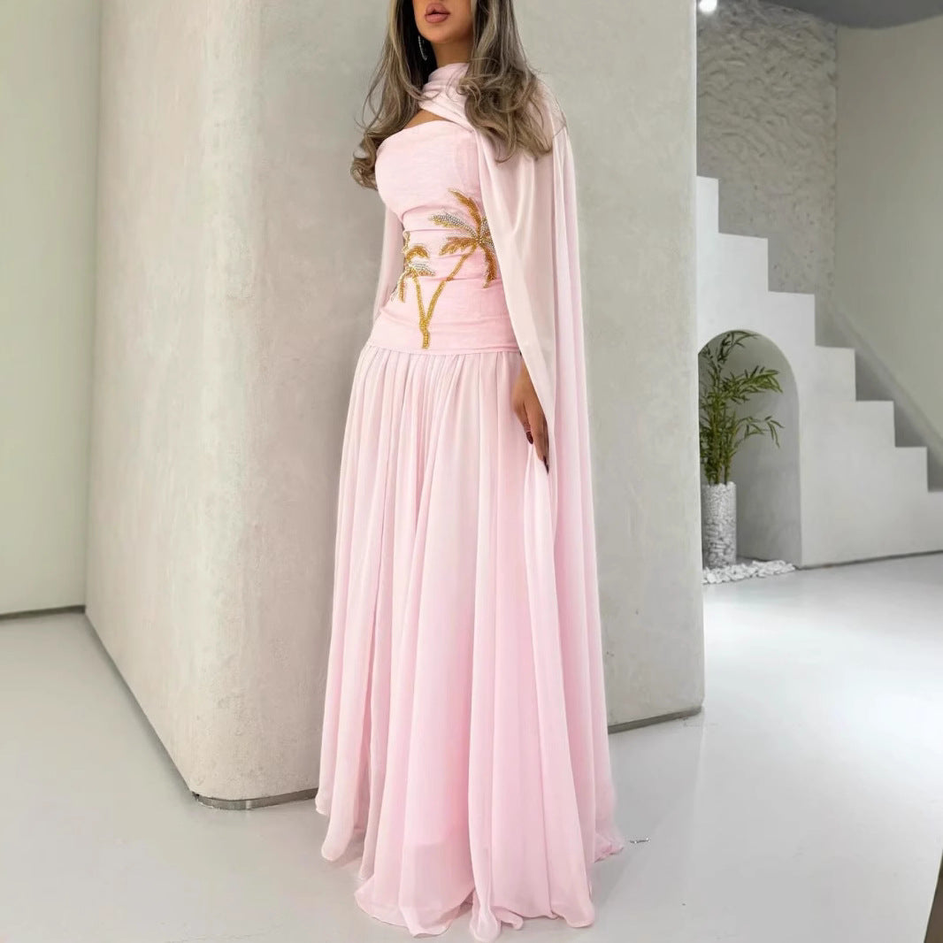 Sexy Chiffon Cape Beaded Evening Dress for Women