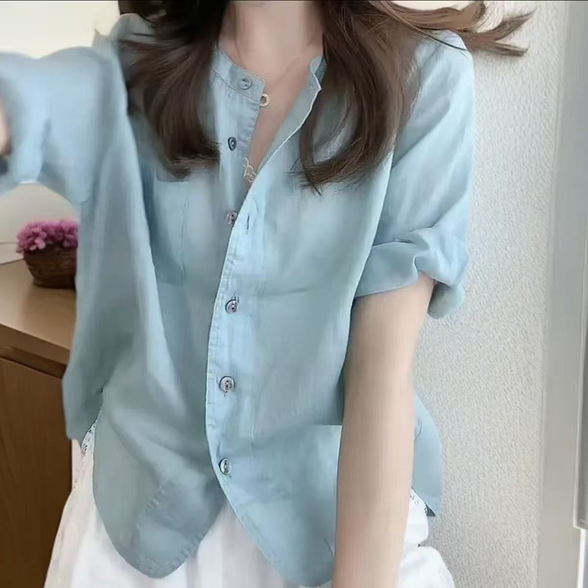 Elegant Solid Color Shirt Women Summer Loose Fit Flattering Slimming Casual Simple  Mid-Sleeve Blouse Women