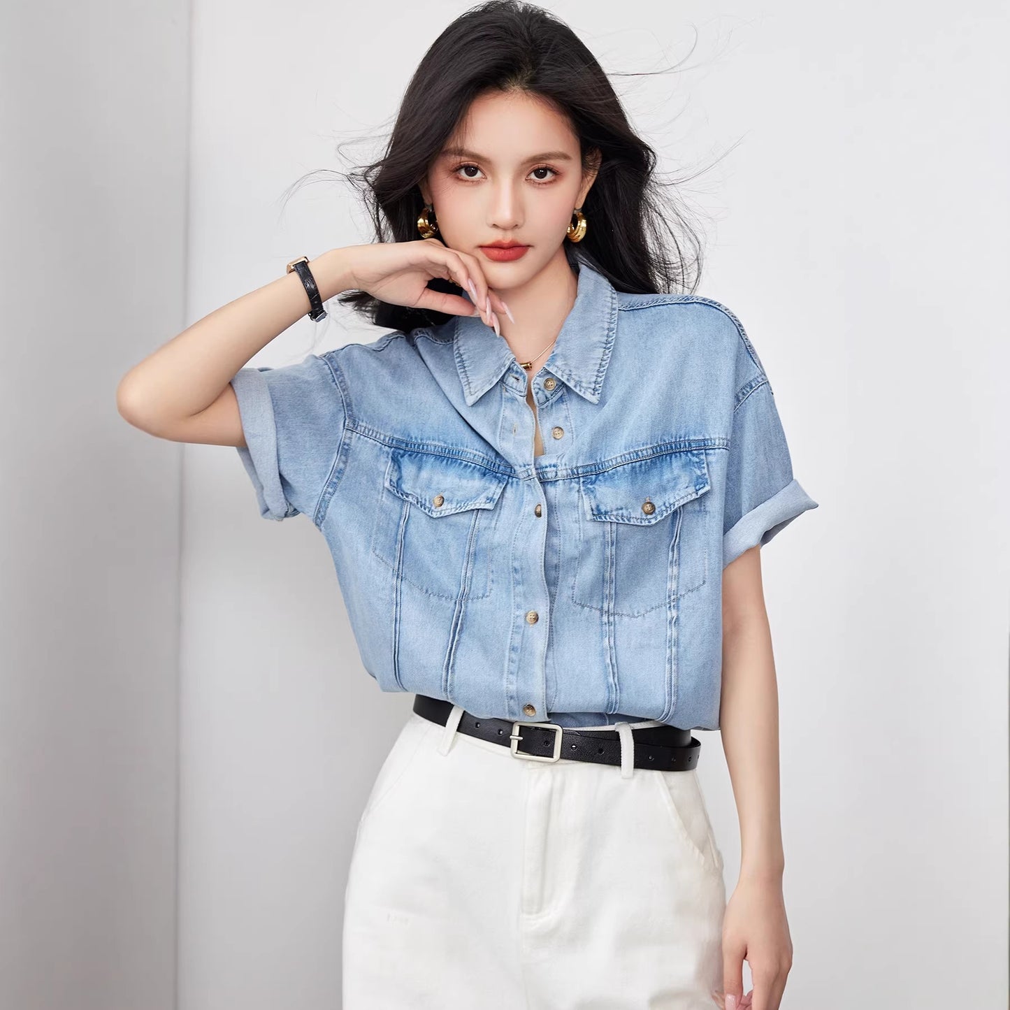 Summer Short Sleeve Denim Shirt Inner Layer Blouse Women's Casual Workwear Blue Top