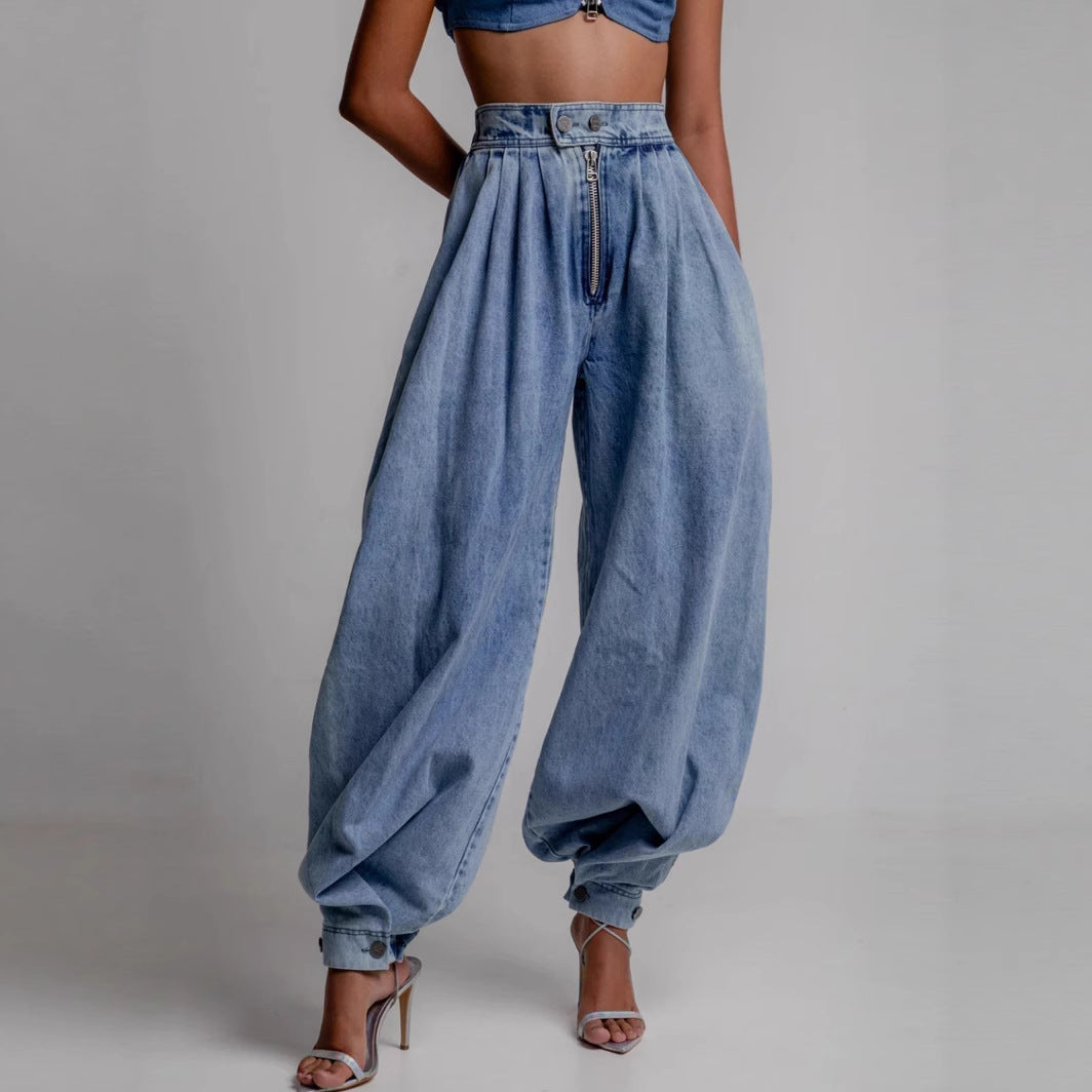 Balloon Pants High Waist Zipper Cuff Loose Long Trousers Women Blue Washed Denim
