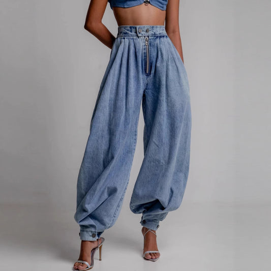 Balloon Pants High Waist Zipper Cuff Loose Long Trousers Women Blue Washed Denim