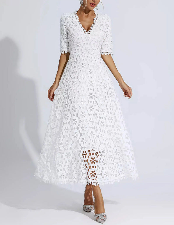Elegant Deep V-Neck Mid-Sleeve Medium-Length Lace Evening Dress for Women ndash