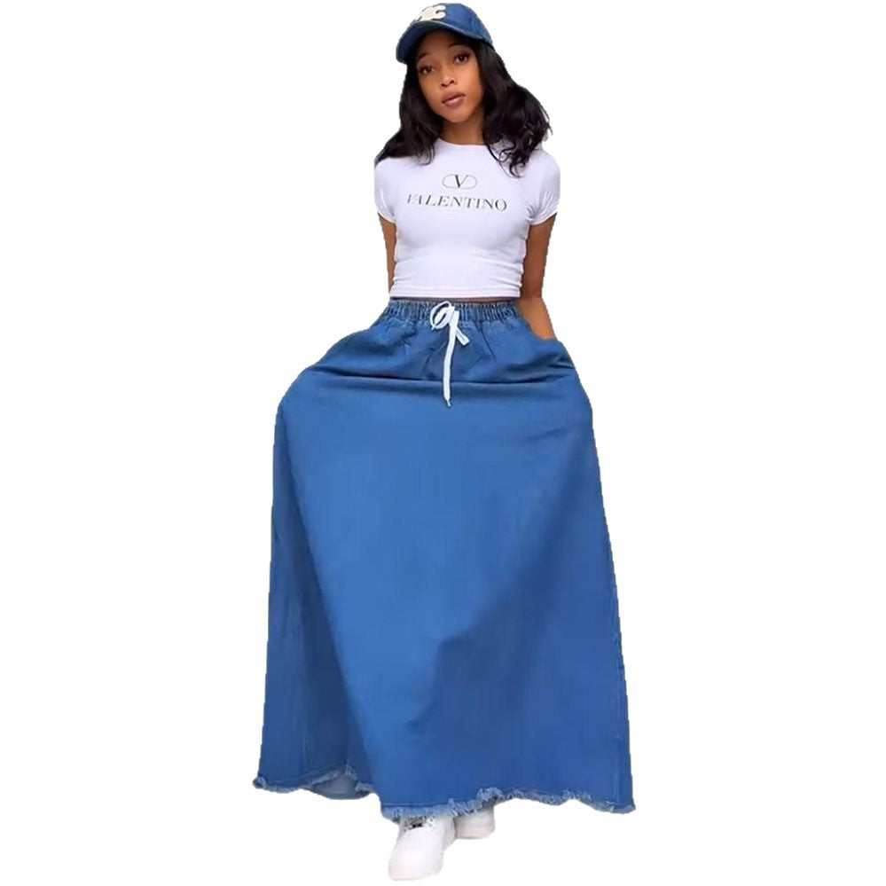 Women's Denim Skirt, Washed Solid Color, Drawstring High Waist, Ruffle Long Skirt Fashion Style