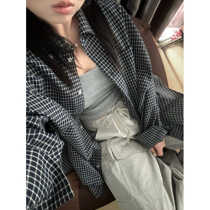 Black Plaid Long Sleeve Shirt Women's Turn-Down Collar Thin  Style Loose Casual Blouse Jacket