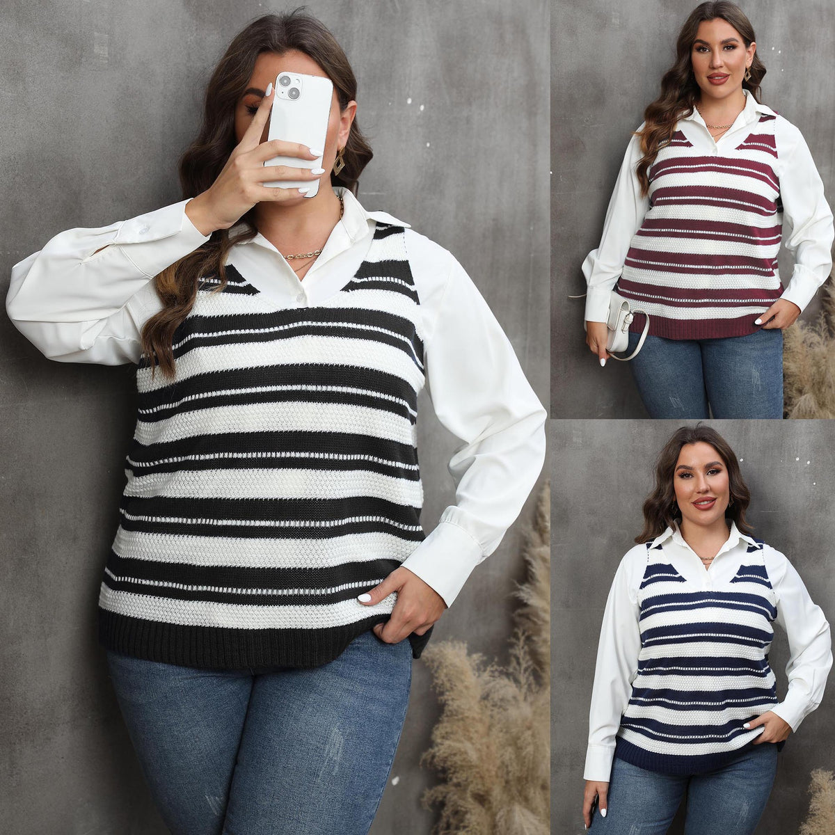 Large size women's striped contrasting splicing casual vest top with woolen vest