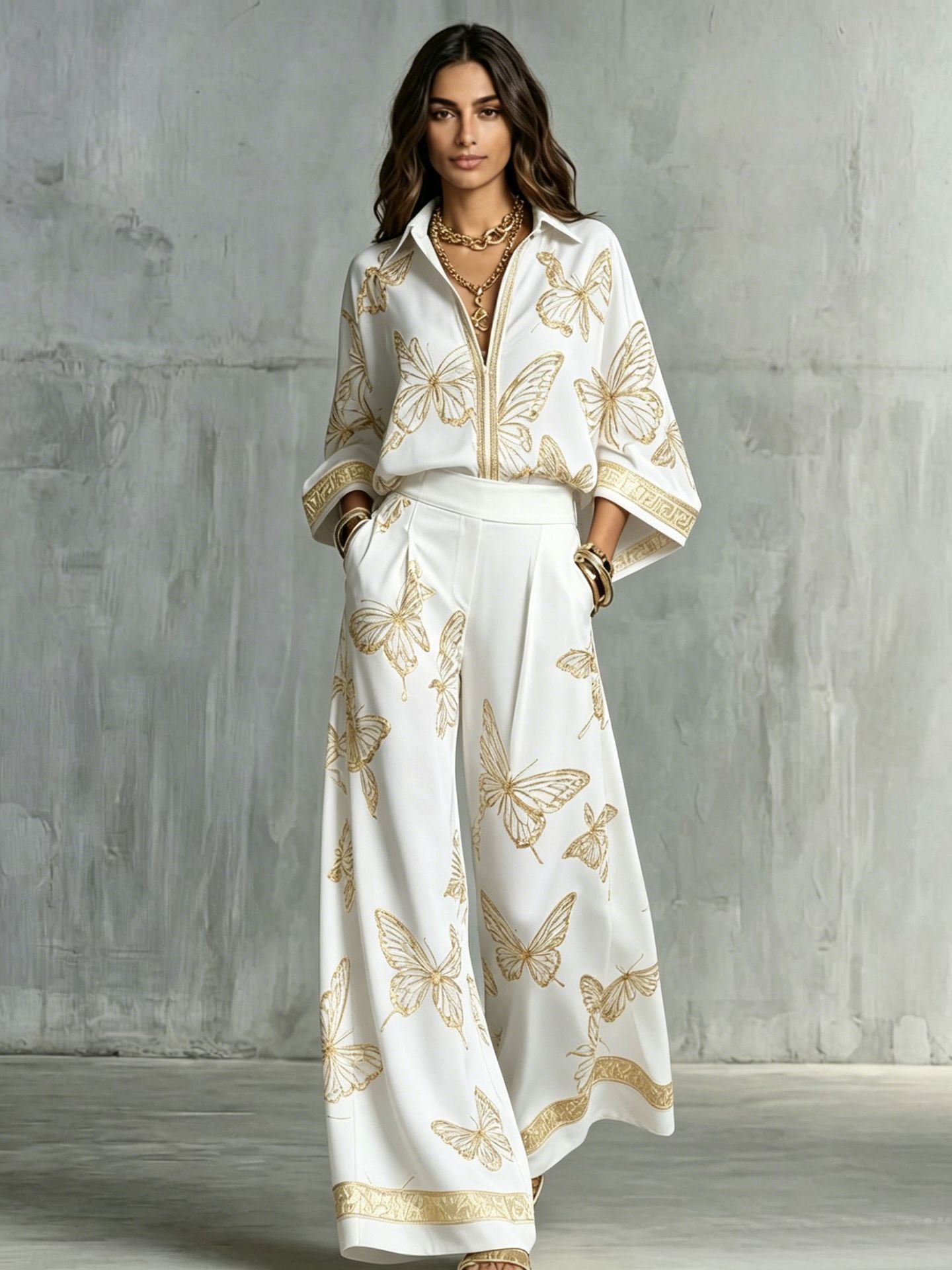 Style Women's Retro Printed Sexy Deep V Neck Loose Zipper Top with Wide Leg Pants Two-Piece Set