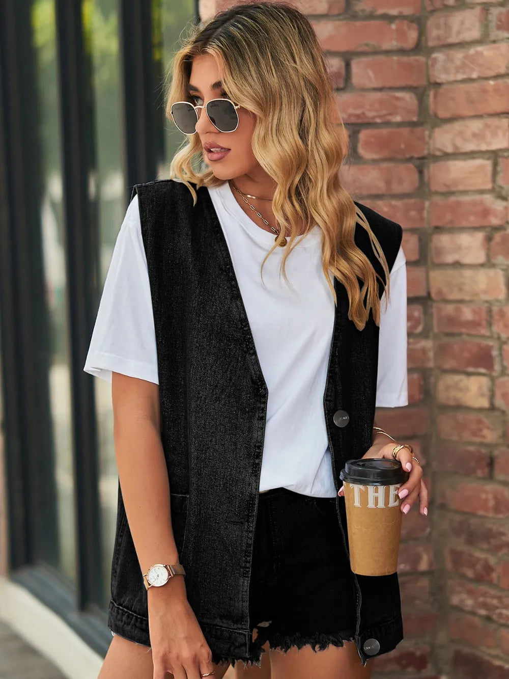 V-Neck Button Up Denim Vest