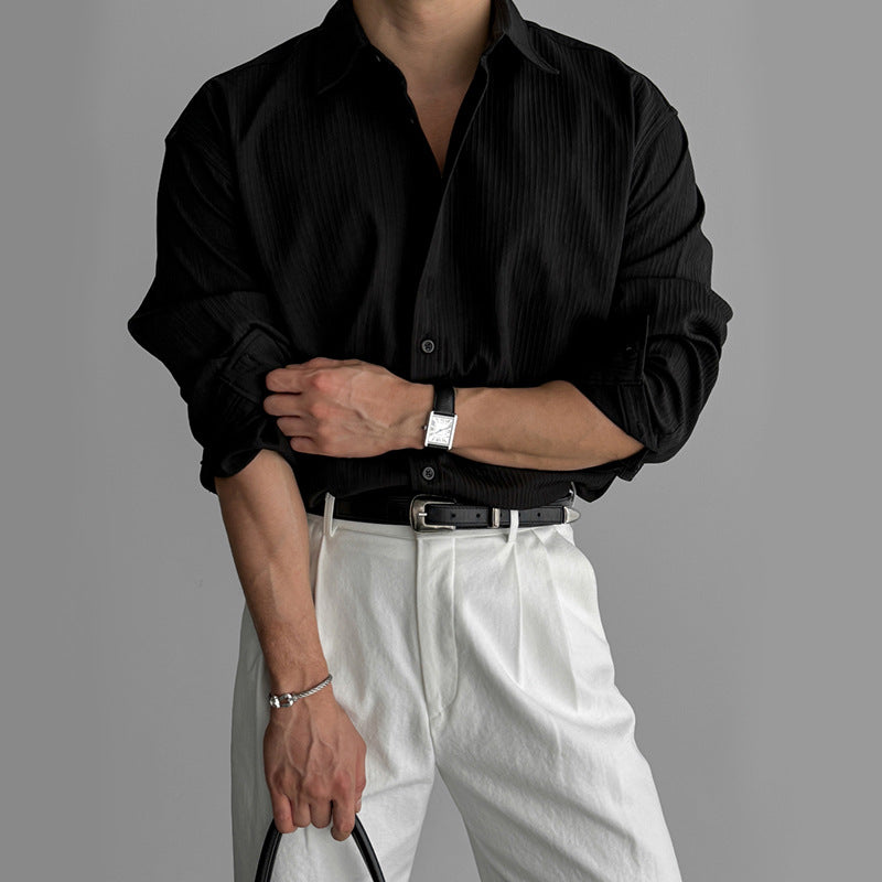 Texture black shirt men's long sleeved spring loose shirt