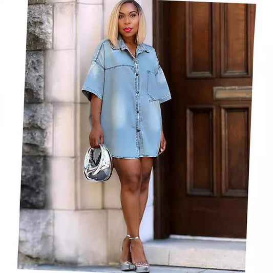 Casual Loose Short Sleeve Open Front Denim Shirt for WomenStreetwear, Summer Fashion Top