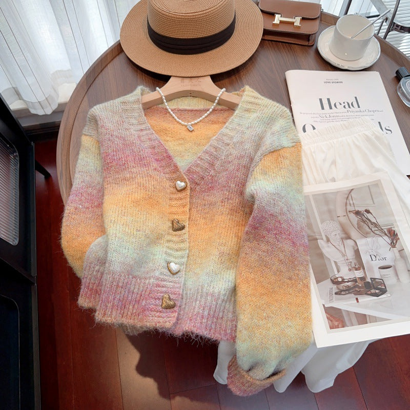 Tie dye gradient sweater jacket for women V-neck mohair knit cardigan for women