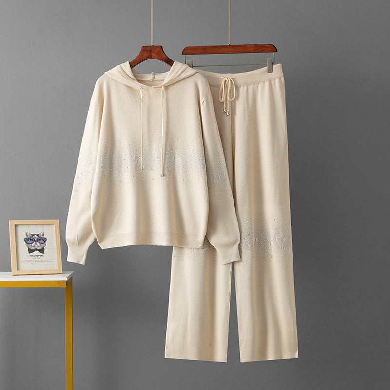 Loose hooded sweatshirt wide leg pants two-piece set