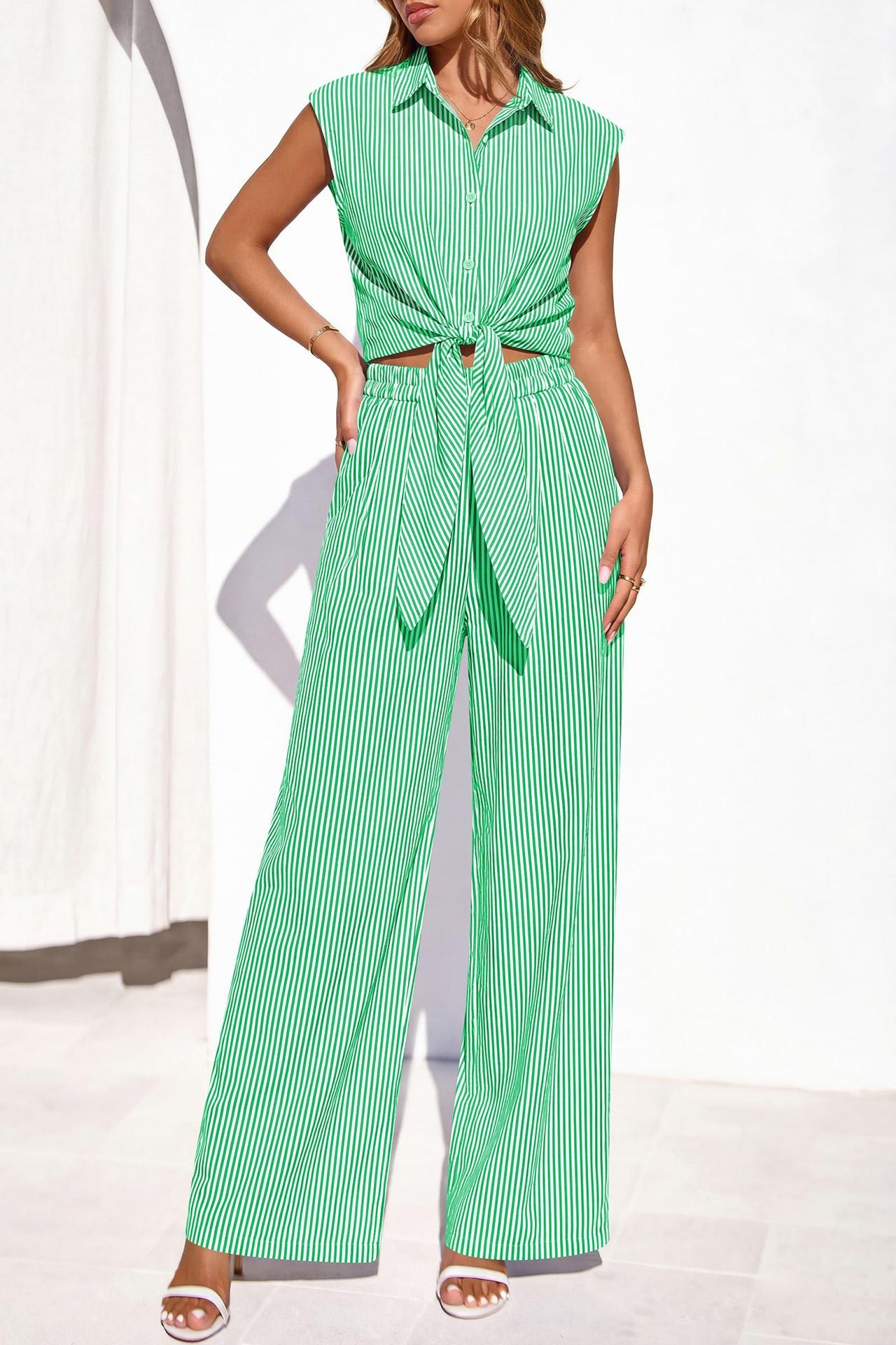 Spring Summer Women's Striped Buttoned Sleeveless Shirt and Pants Set