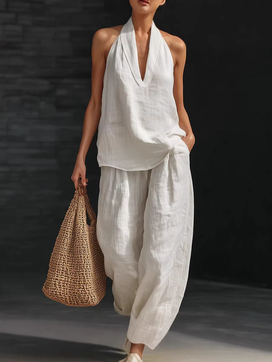 Fashionable Solid Color Strapless V-Neck Sleeveless Casual Two-Piece Set for Women