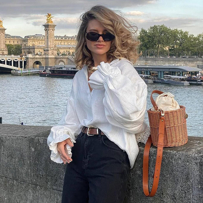 Loose collar long sleeved shirt for women