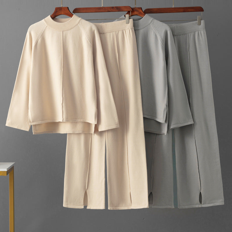 Solid color round neck sweater wide leg pants set