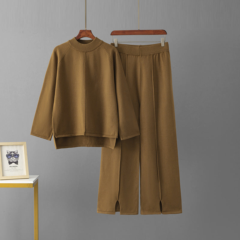 Solid color round neck sweater wide leg pants set
