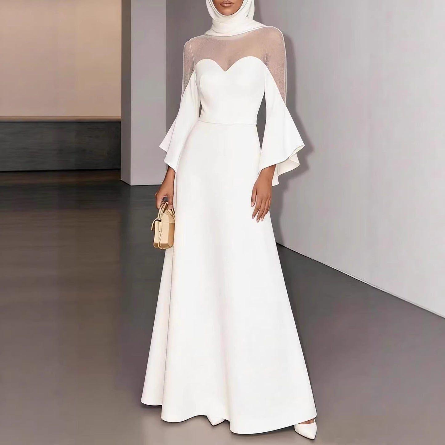 White Long Sleeve Wedding Dress, Slim Fit, Backless Design Evening Gown