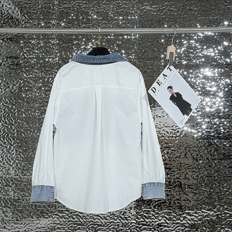 Fashion Women's Denim Spliced Shirt Loose Lapel Long Sleeves Single Breasted Tassel Blouse  Autumn New Items