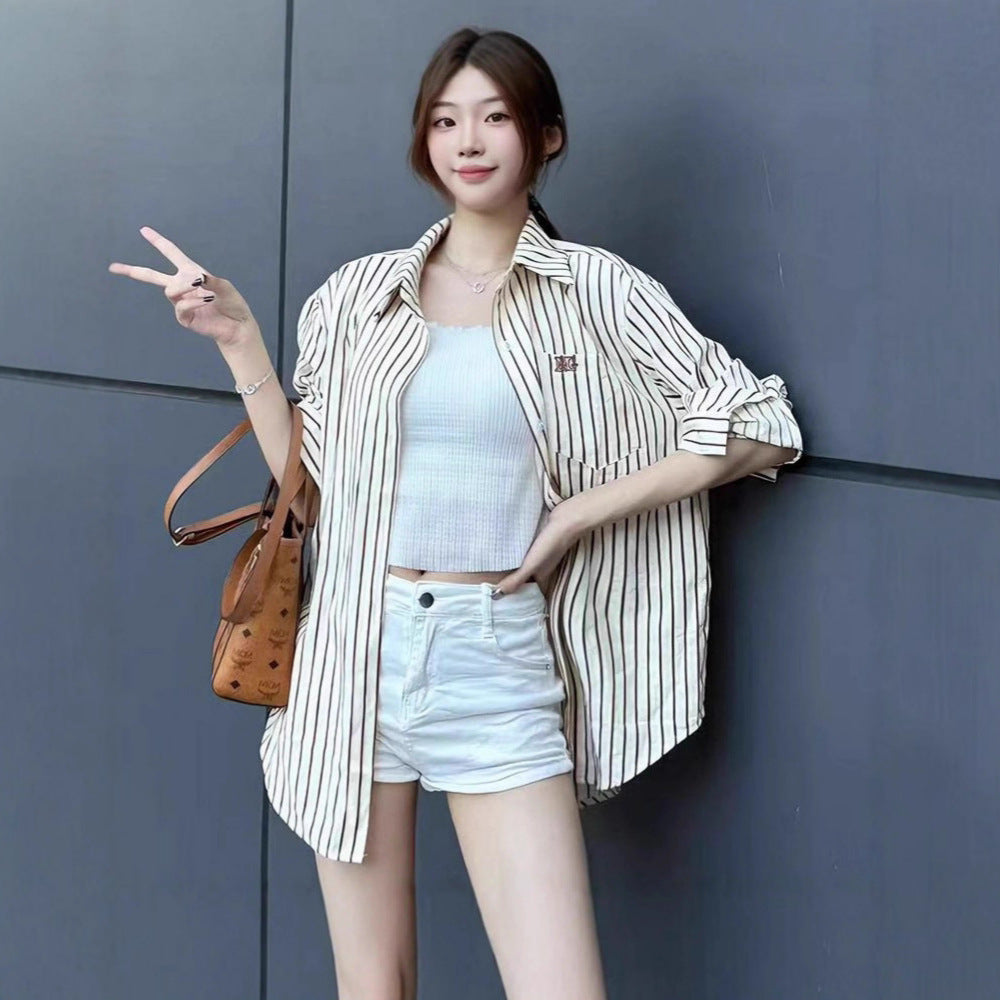 Style Striped Shirt Women's Casual Loose Fit Slimming Age-Reducing Blouse Top