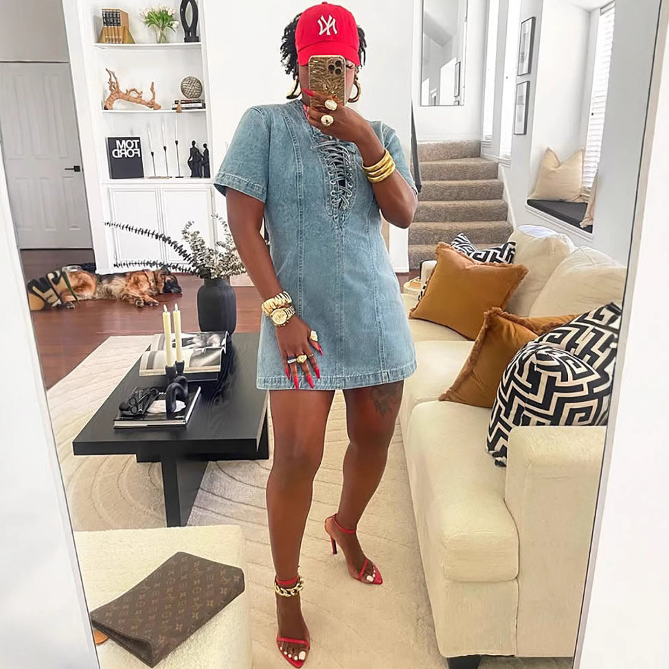 Women's Denim Dress Summer Street Fashion Tie-Front Short Sleeve Denim Dress