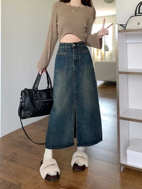Retro High-Waisted Flared Denim Skirt for Women Fashionable and Stylish Spring Mini Skirt