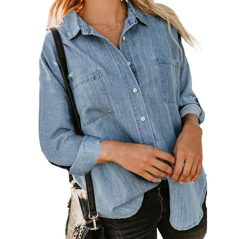 Denim shirt loose double pocket long sleeved casual coat shirt