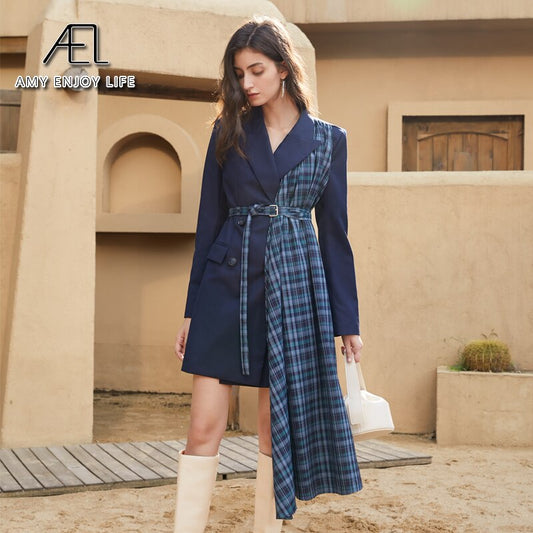 Autumn And Winter Slimming Waistband Splicing A-Line Dress Female New V-Neck Suit Skirt