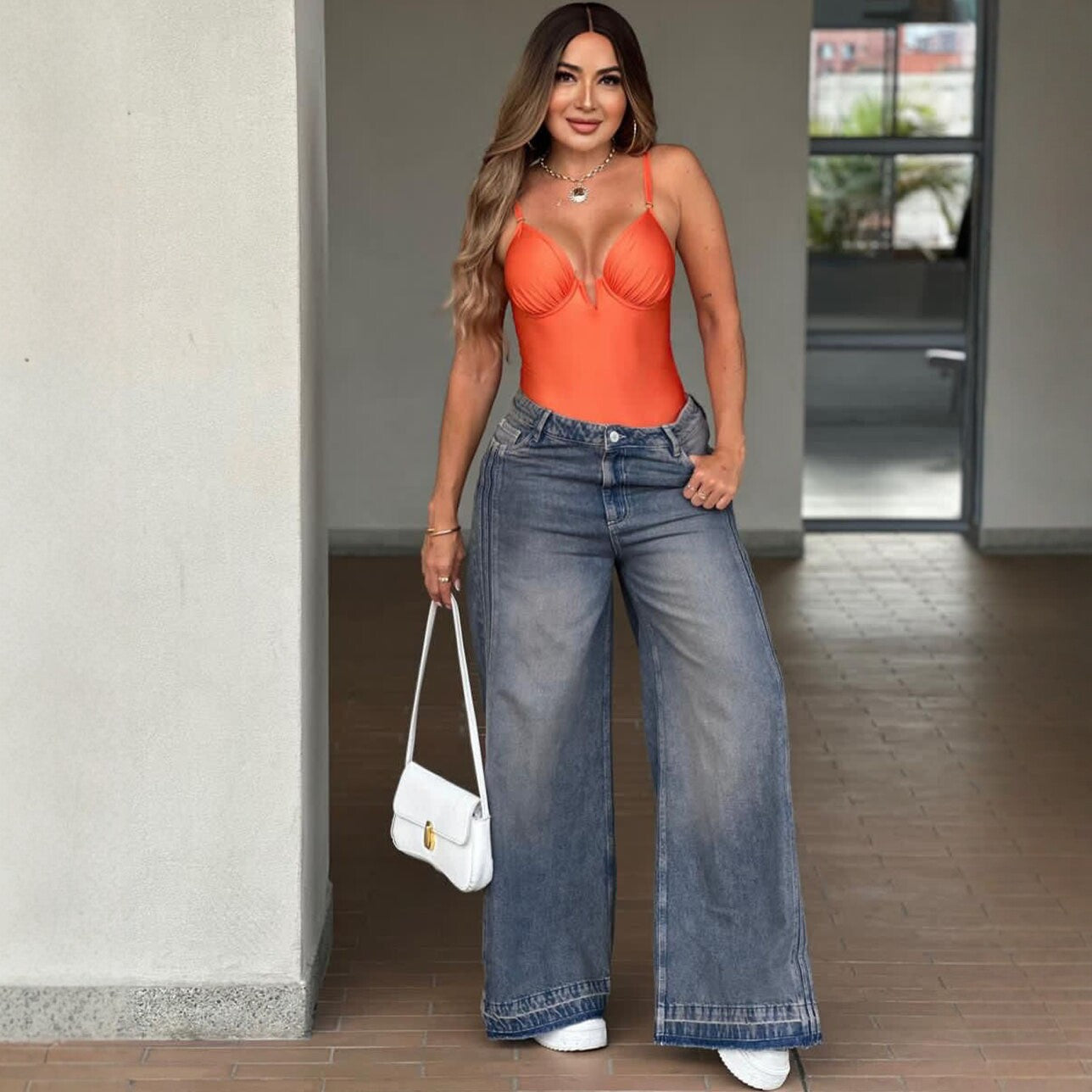 Women's High-Waisted Wide-Leg Jeans with Side Stripes Straight Leg Long Pants Summer New Style