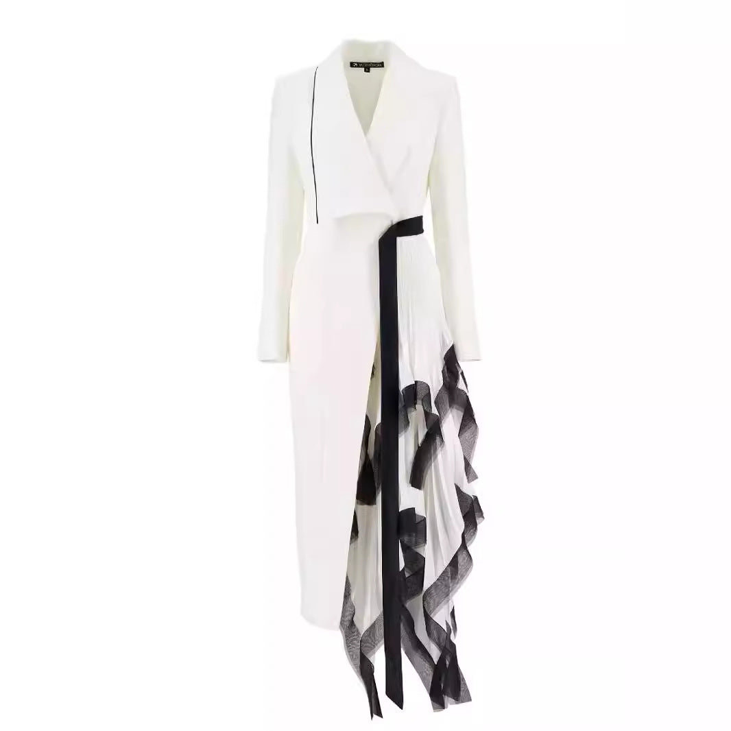 Asymmetric pleated loose mouth ruffle edge contrasting long suit jacket for women