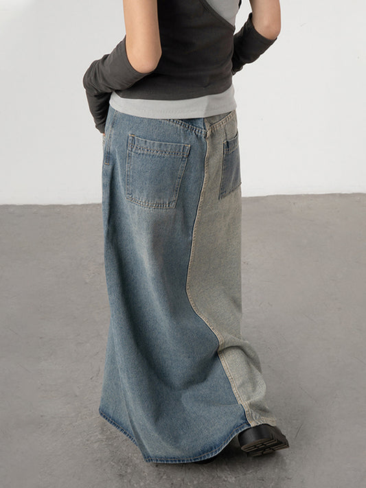 Large Denim Skirt Women's Design Color Blocking Small Autumn Thin Vintage Knee Length Skirt