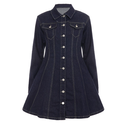 A-Line Button-Down Denim Dress with Edgy Design and Feminine Flare Skirt