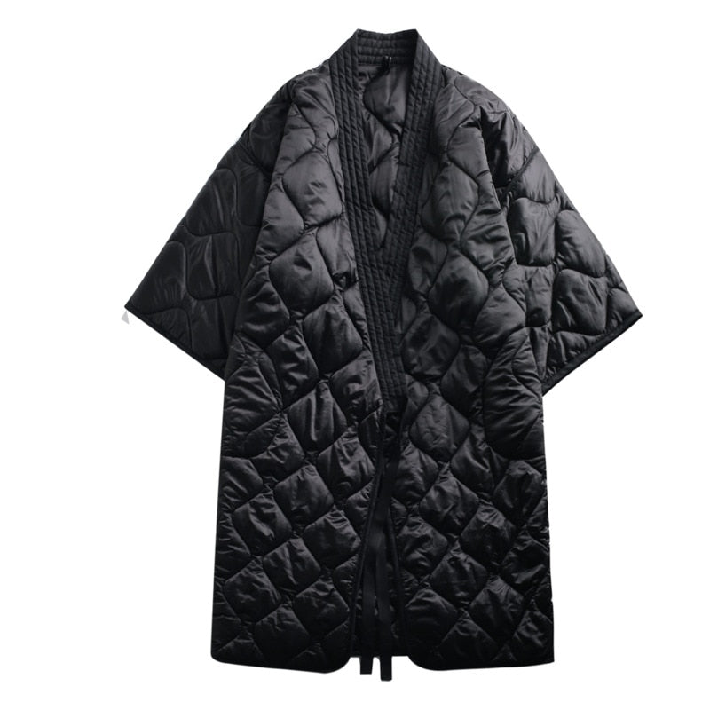 New Black Kimono Bandage Nightgown Women's One-Piece Down Cotton Padded Jacket Large Gourd Pattern Coat