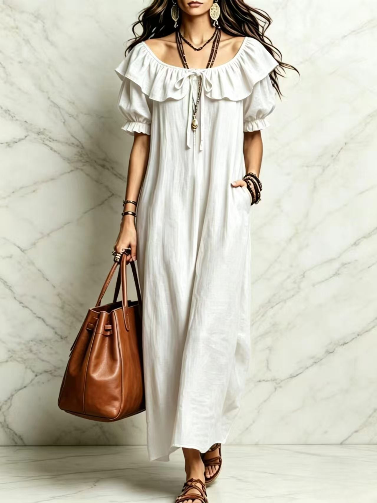 Casual Elegant Round Neck Ruffle Beach Vacation Dress for Women