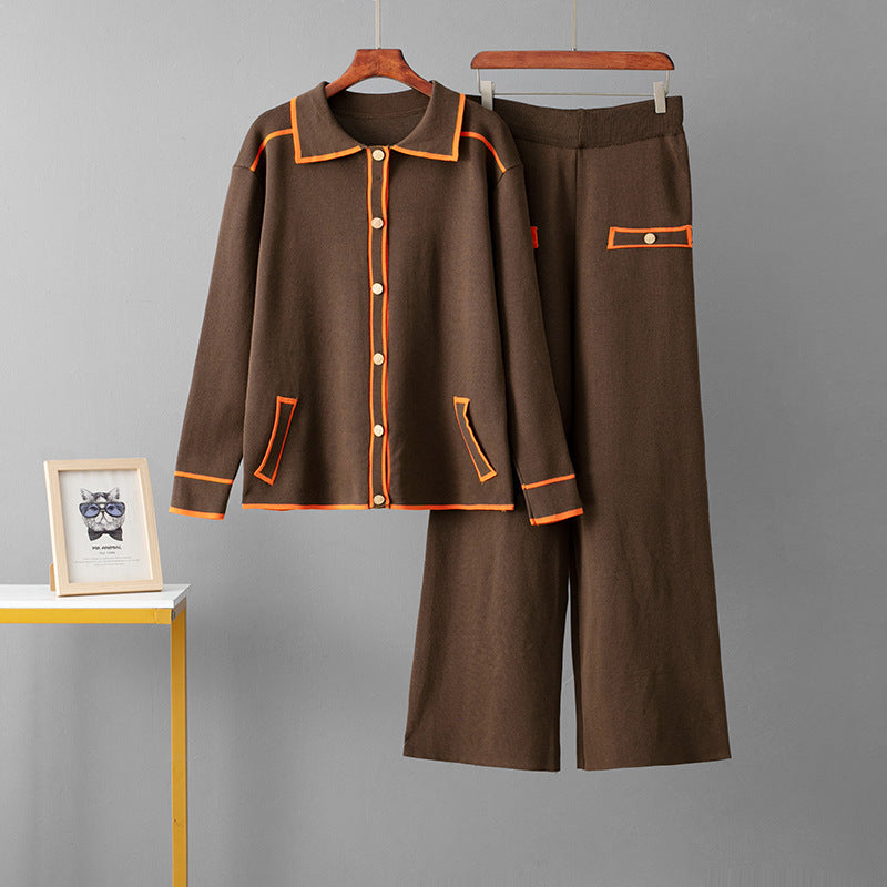 Polo collar sweater wide leg pants two-piece set