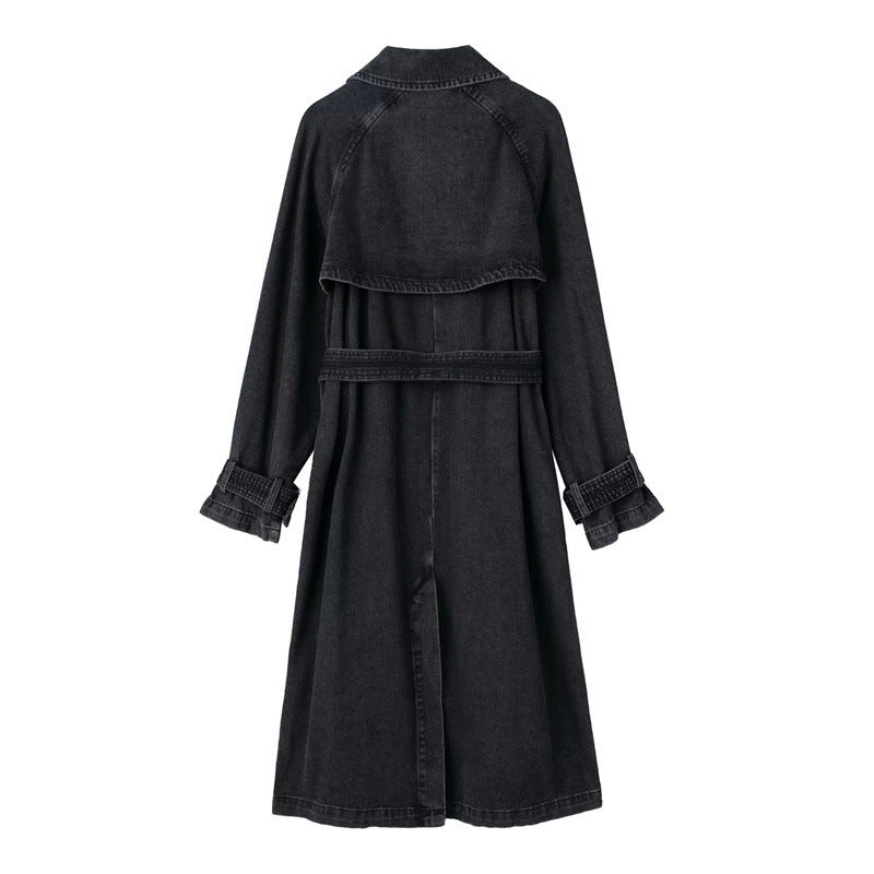 Long-sleeved Double-breasted Pockets Women's Loose Coat Long Coat Winter Belted Women's Casual Denim Windbreaker