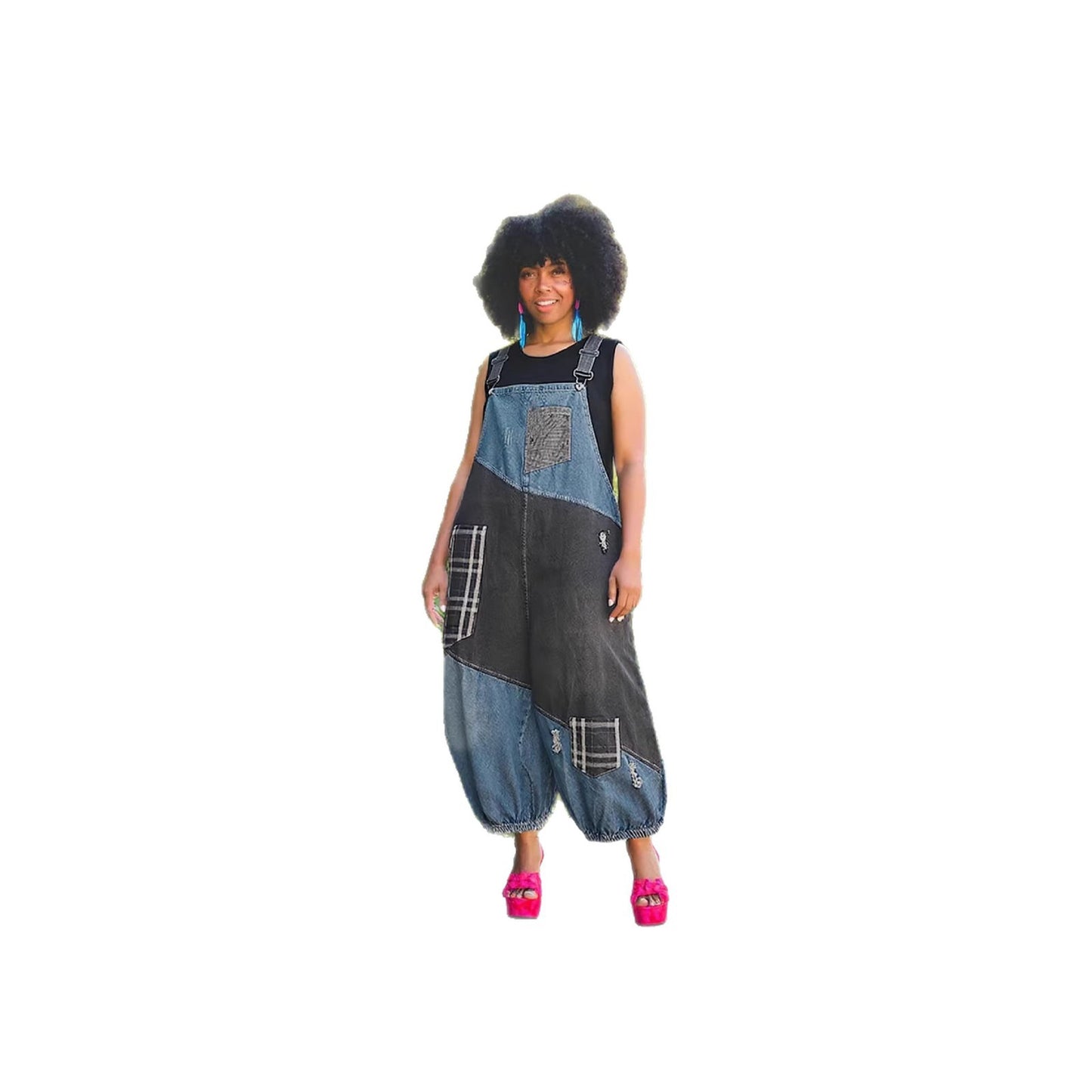 Ripped Checkered Patchwork Pocket 9/10th Length Overalls