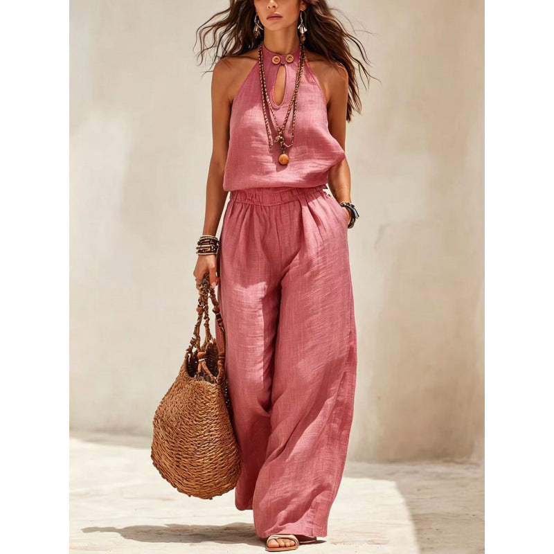 Style Solid Color Sleeveless Halter Neck Wide Leg Jumpsuit for Women