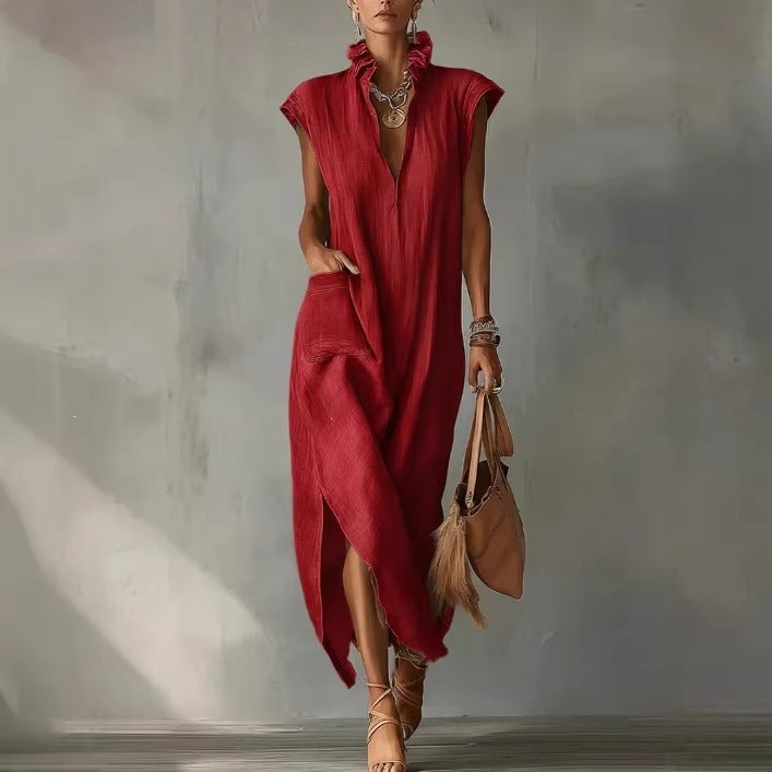 Sleeveless solid color loose V-neck casual women's dress