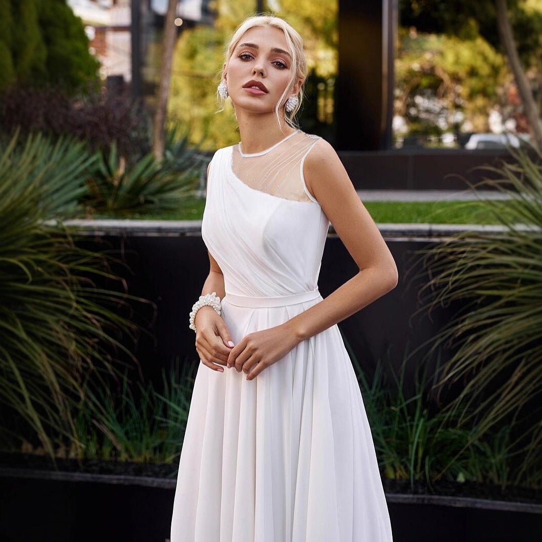 Tailed Wedding Dress White Double Shoulder Round Neck French Chiffon Bridal Short Train Evening Gown