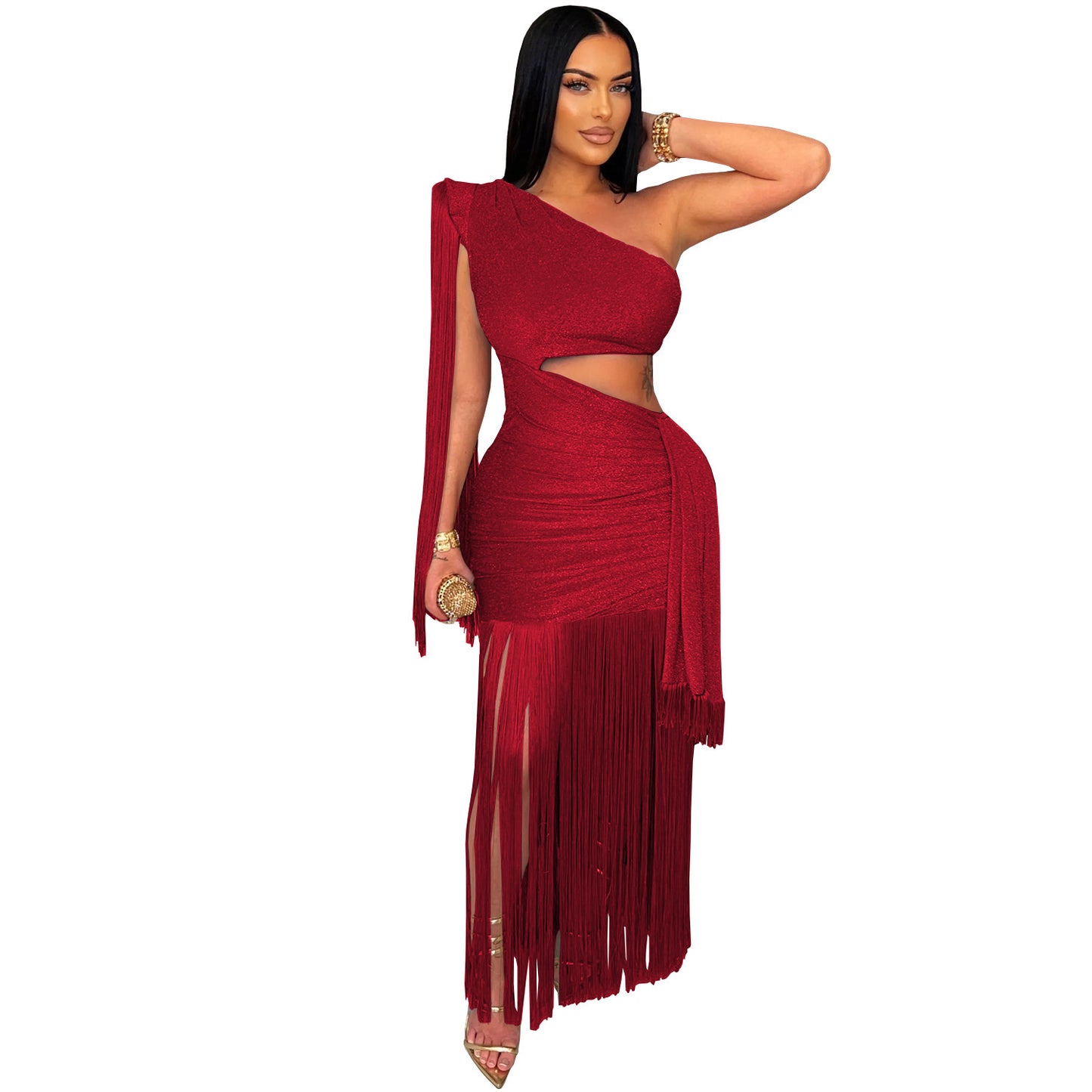 Asymmetric Fringe One-Shoulder Long Dress