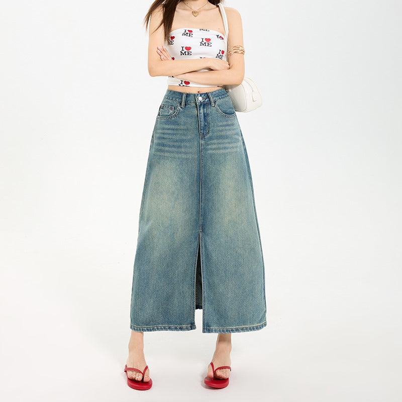 High Waist Slit Denim Skirt Women's Mid-Length Vintage A-Line Fitted Skirt