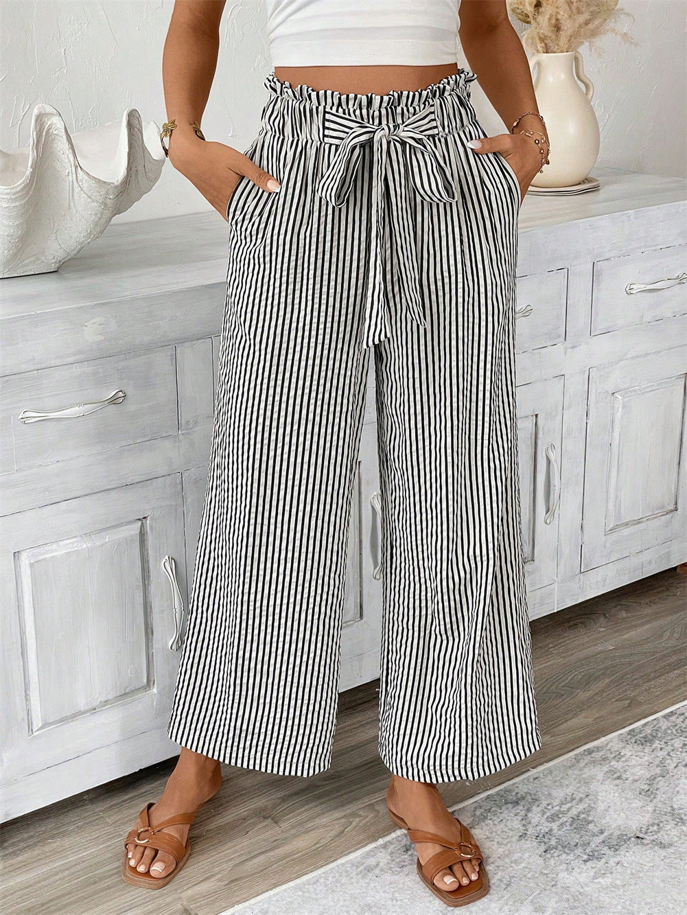 Straight Leg Pants for Women Stripe Pattern, Casual ElegantWomen's Bottoms